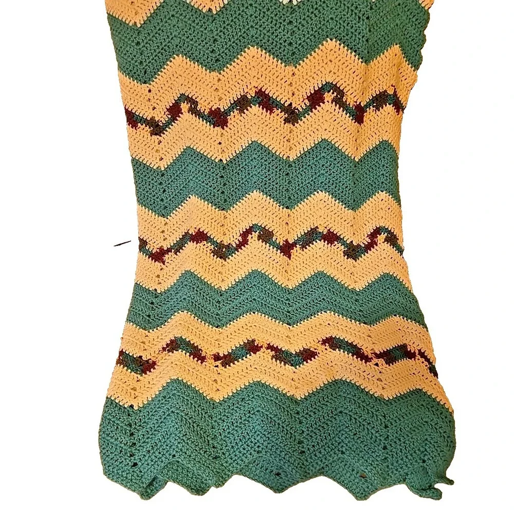 VTG 70s Crochet Afghan Blanket Turquoise White Burgundy Chevron Boho MCM 67x57